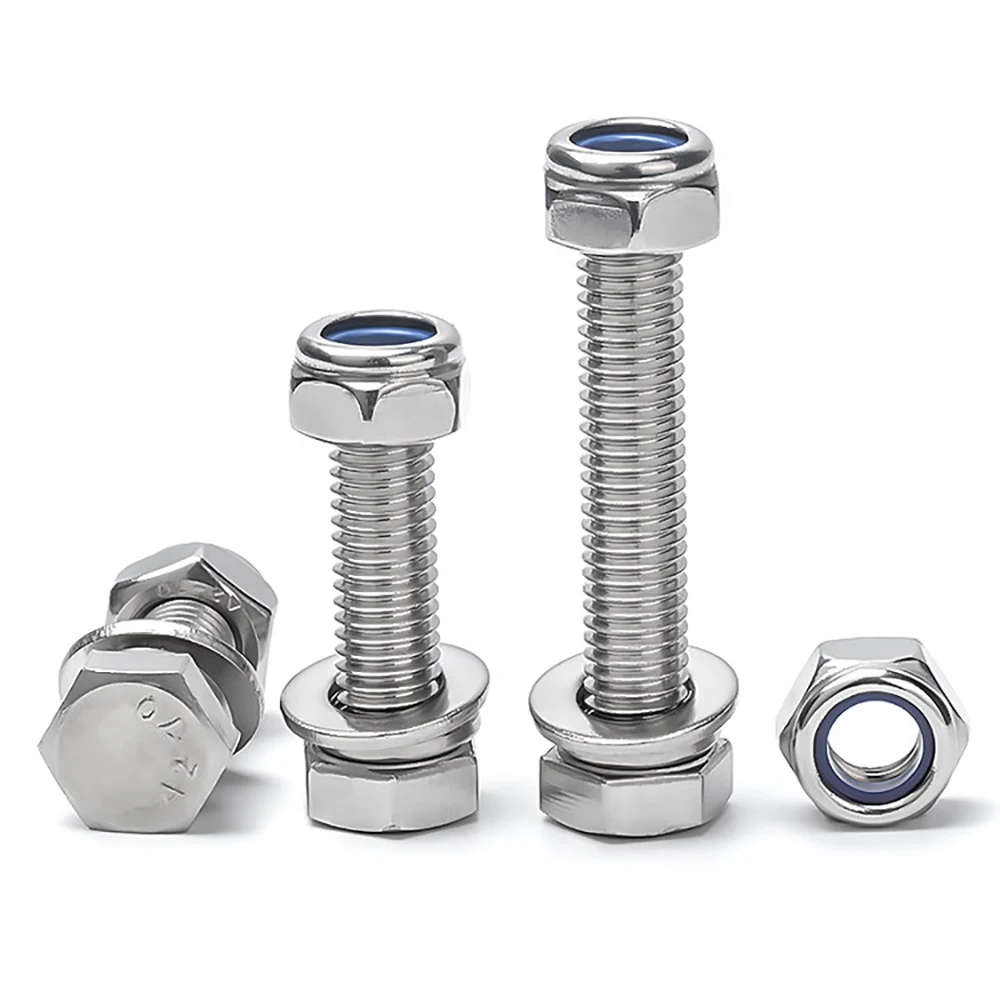 Stainless Steel Anti-loose External Hex Head Bolts Nylon Lock Nut Washer Spring Set M12 M14 M16 M18 M20 Hardware Extended Screws