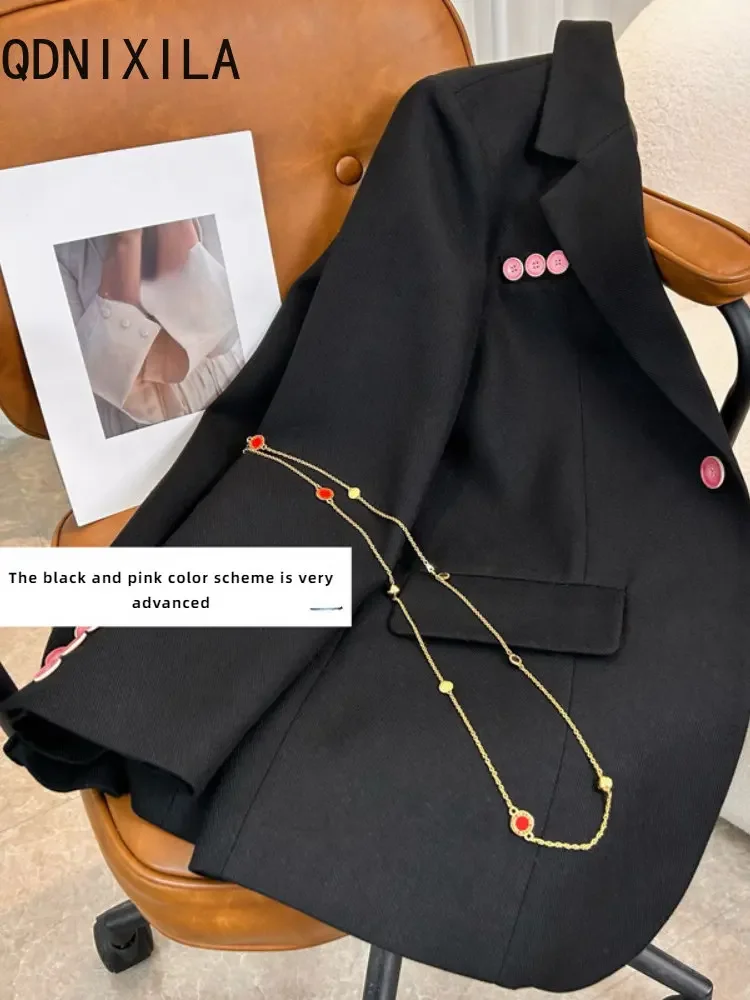Korean Fashion Blazer Women New In Outerwears Pink Button Temperament Autumn Black Blazers Long Sleeve Top Casual Jacket Coats
