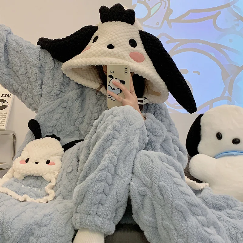 Hot Sanrio Girl Winter Flannel Thickening Hooded Robe Trousers Suit Kawaii Pochacco Comic Go Out Keep Warm Pajamas Leisure Wear