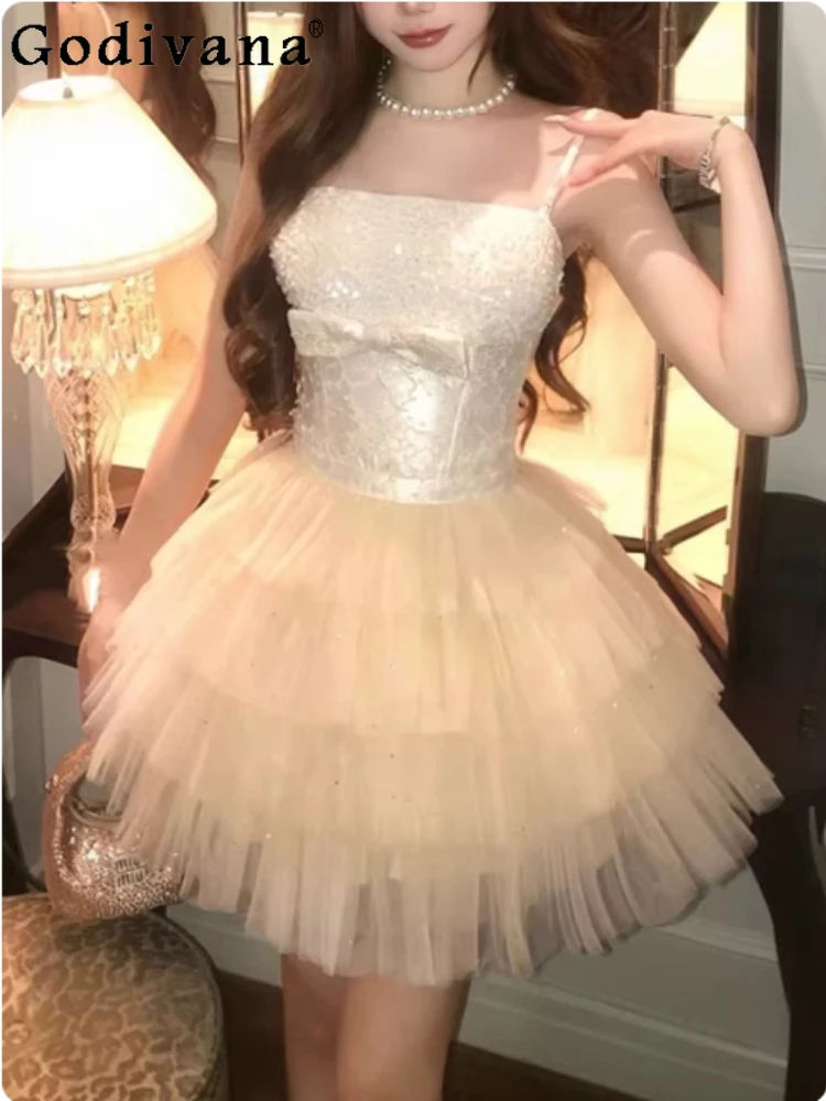 

Temperament French Suspender Champagne Color Evening Dress Fashion Slash Neck High Waist A-line Birthday Party New Cake Dresses