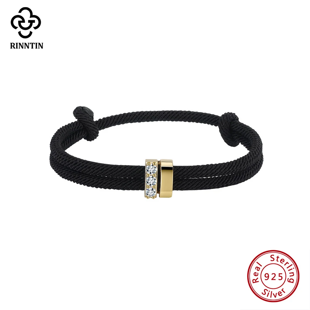 

Rinntin S925 Серебряный круглый браслет-цепочка с цирконием для мужчин и женщин Регулируемый черный цвет веревочный браслет пара ювелирных изделий подарки APB07