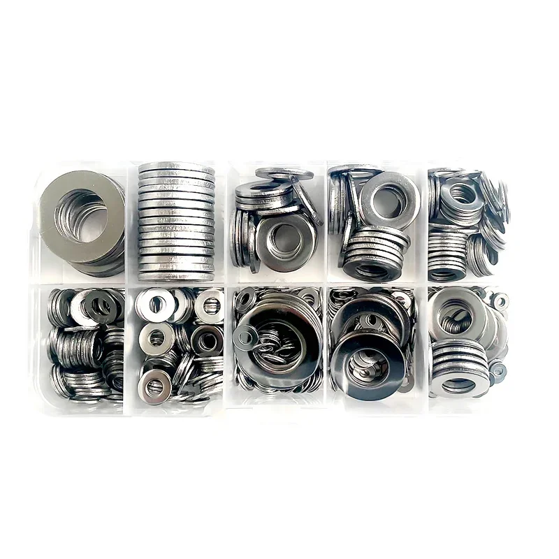 580Pcs/Box Stainless Steel Washer Metsl Sealing Gasket M2 M3 M5 M6 M8 M10 M12 Flat Washers Rings Plain Gaskets Assortment Kits