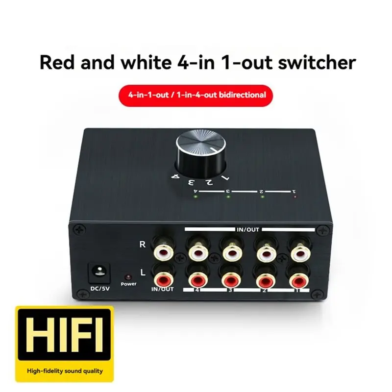 A92Z 4 Way RCA Stereo Audio Switcher Bi-Directional 4X1 / 1X4 RL RCA Stereo Audio Switch With Volume Knob