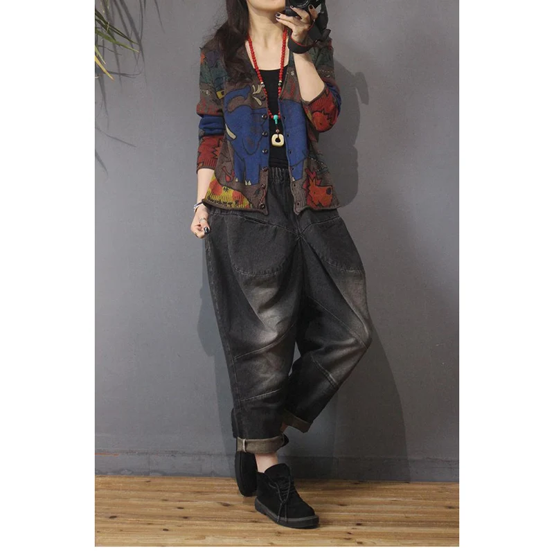 Vintage Printed Button Loose Casual Cardigan Sweaters Women's Clothing 2023 Autumn Winter Oversized Knitted All-match Tops