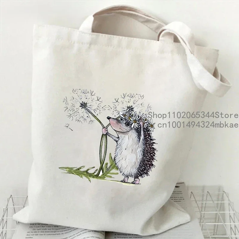 Cute Flower Hedgehog Pattern Tote Bag Women Cartoon Animal Style Shopping Bag Kawaii Hedgehog Canvas Shoulder Bag Lady Handbags