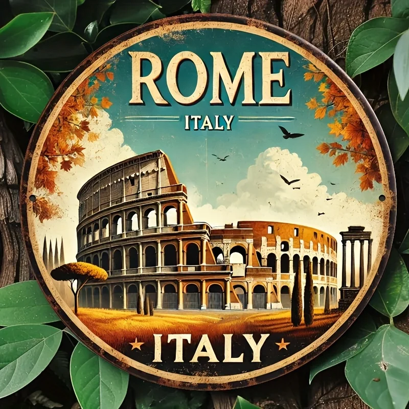2D Flat, 8" Rundes Metallblechschild - Rome Italy Wandkunst, Vintage Kolosseum & Herbstblätter Design, langlebig winddicht wasserdicht D