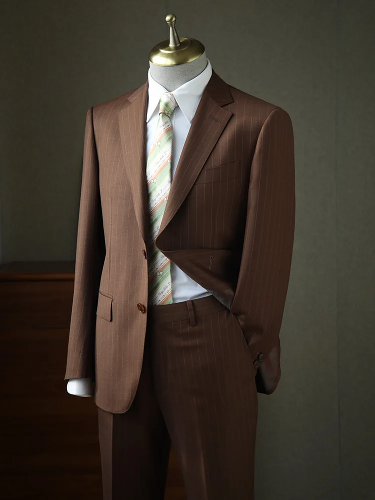 Men's Suit 2 piece set Wool Pure Brown Stripe Business Formal elegant Tailored suit Banquet Casual Dress Wedding Groom Costume
