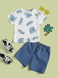 Hot New Little Boy Set Two Summer Vacation Leisure Fashion Coconut Tree Print Short-sleeved Shorts