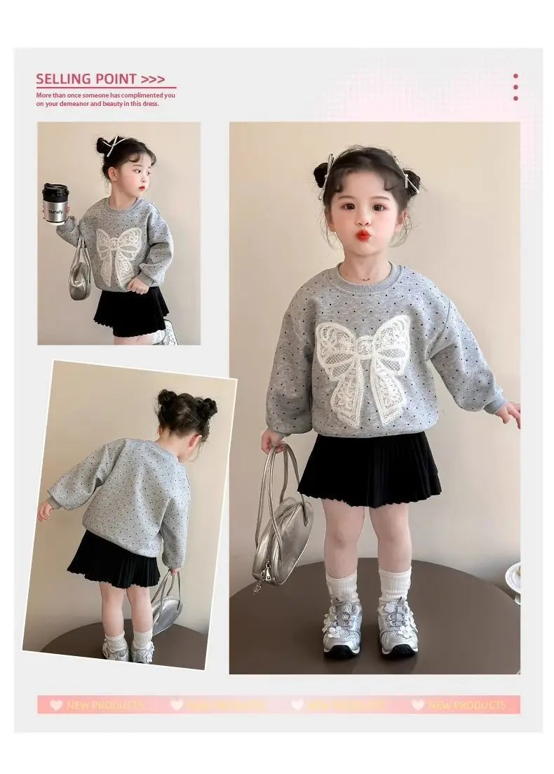Kleinkind Mädchen Sweatshirt mit Großer Spitze und Schleife Lässiger Baumwoll-Pullover mit Punkten für Kleinkinder Rundhals Langarm Oberteil Kinderkleidung – Detail 8
