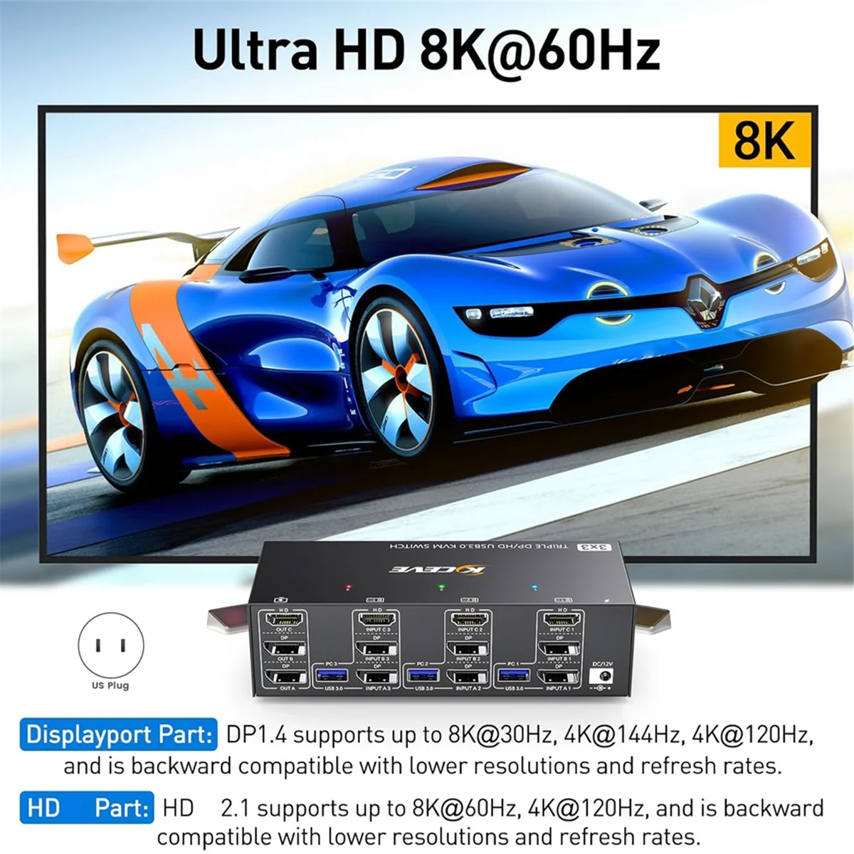 KCEVE 2 Displayport HDMI-Compatible USB 3.0 KVM Switch 8K@60Hz 4K@144Hz Triple Monitor Keyboard and Mouse Switch US-Plug