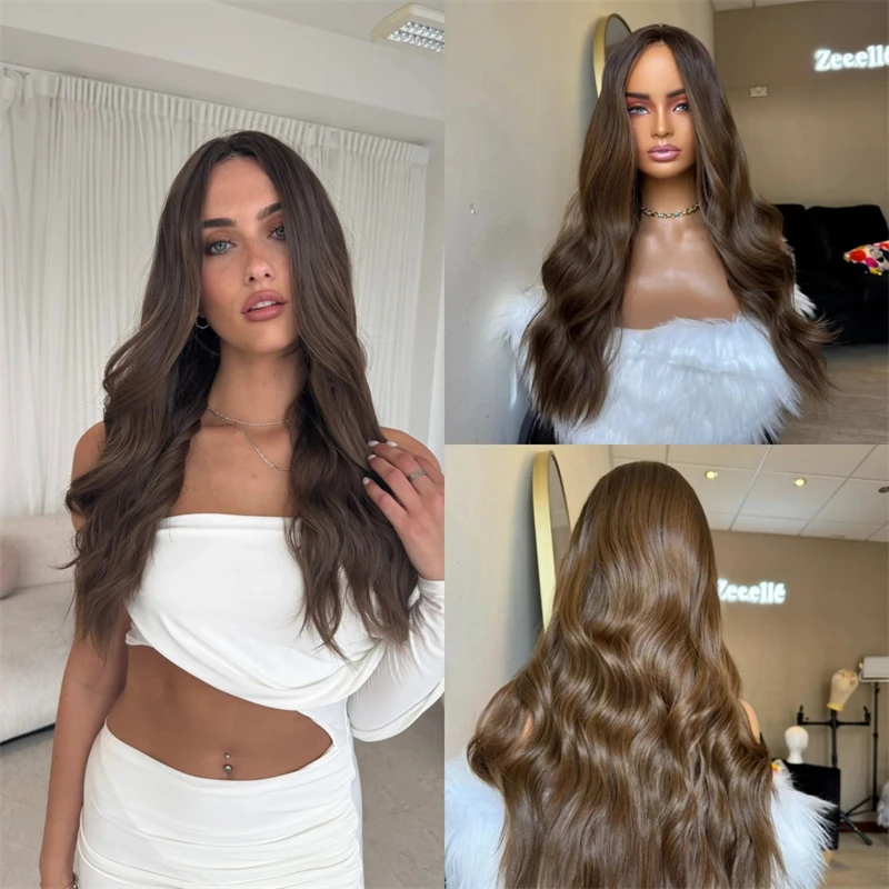 

28 Inches Soft Long Wave Wig Chocolae Browm Synthetic HD Lace Front Wig for White Black Women Preplucked Hairline Cosplay Wigs