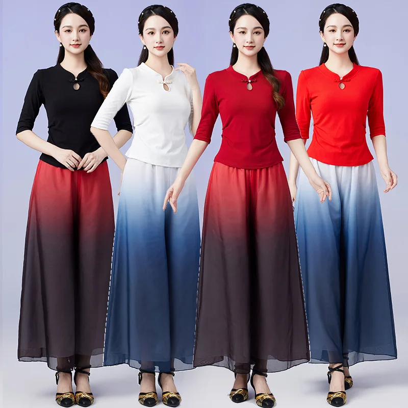 Women Classical Dance Tops Flowy Shirts Chiffon Harem Pants Set Gradient Color Chinese Folk Dancewear Practice Performance