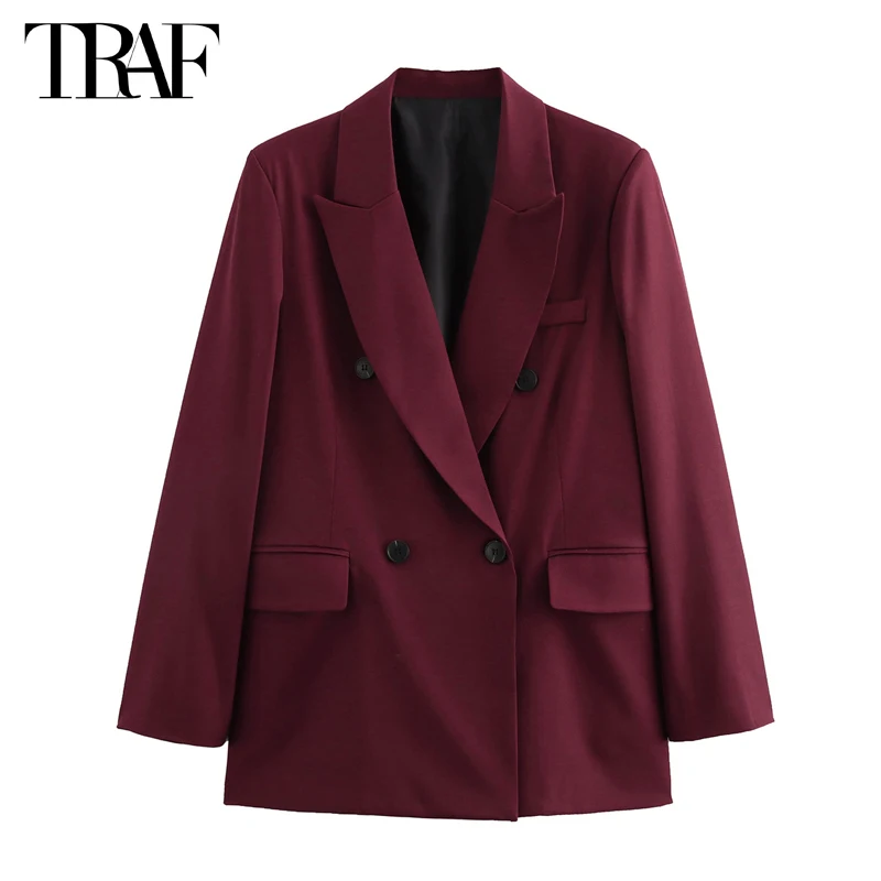 TRAF Straight Women\'s Blazers Office Long Blazer Woman 2024 Long Sleeve Oversized Blazers for Women Outerwears Vintage New Coats