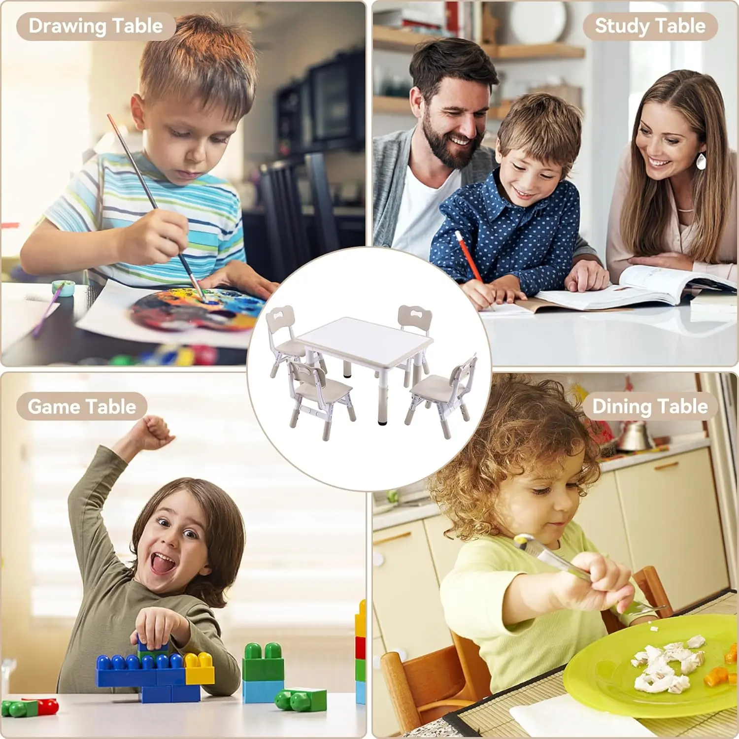 Juego de mesa y 4 sillas para niños de altura ajustable, juego de mesa y sillas para niños pequeños con escritorio, 31,5 pulgadas de largo x 23,6 pulgadas de ancho para niños