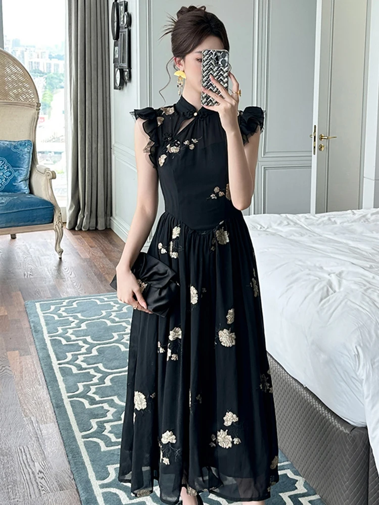Vintage Qipao Maxi Dresses for Women Sexy Cheongsam Dress Black Sequin Embroidery Hollow Cut Out Party Robe Femme Prom Vestidos