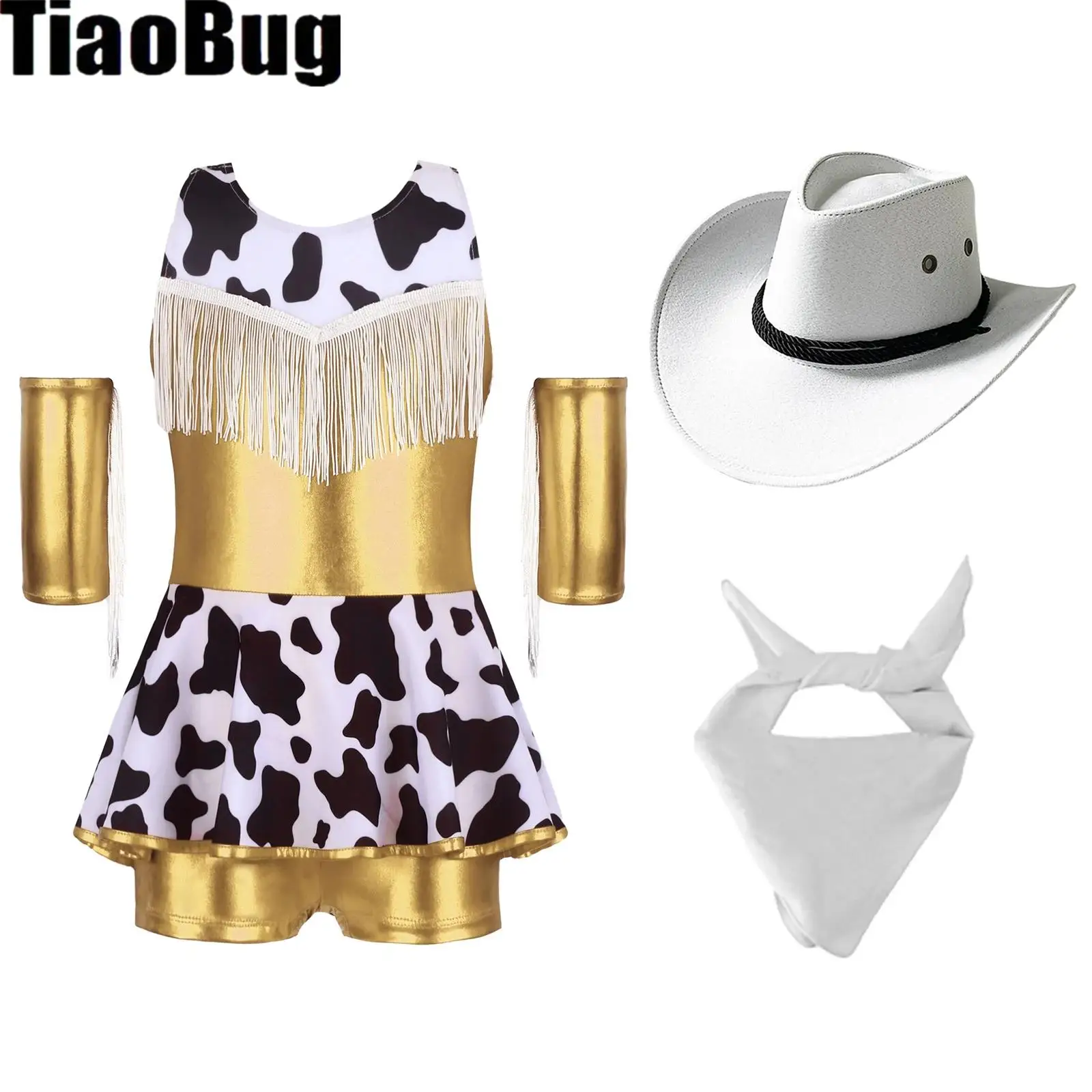 

Girls Halloween Cosplay Cowgirl Costume Jazz Dance Unitard Dress Metallic Shiny Gymnastics Leotard Fringed Backless Shorts Dress