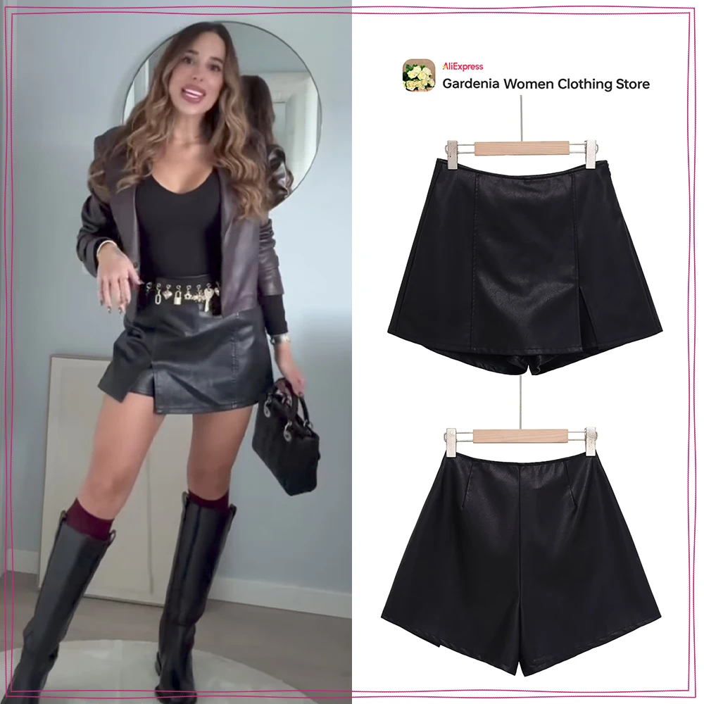 

Высоко уличная осенняя женская юбка из искусственной кожи. Стильная черная юбка с высокой талией для женщин. Элегантные шикарные шорты с разрезом спереди.