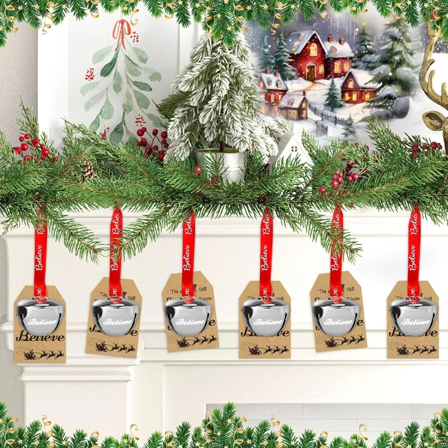 24 قطعة أجراس مزلقة فضية مجموعة زينة عيد الميلاد مع بطاقة صدق وشريط لصالح حفلات شجرة العطلات والمنزل D #5