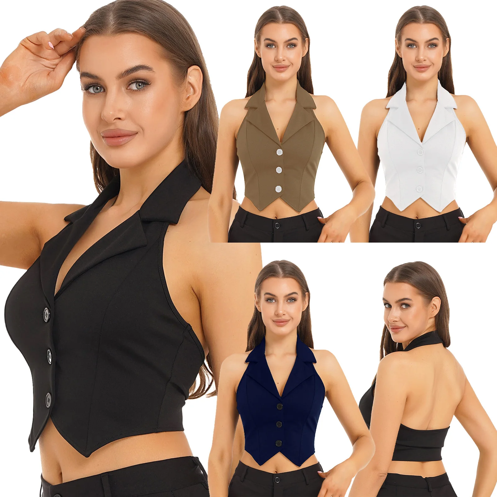 Womens Fashion Vest Shirts Separate Waistcoat Crop Tops Lapel Halter Backless Button Down Pointed Hem Vest for Party Formal Wear