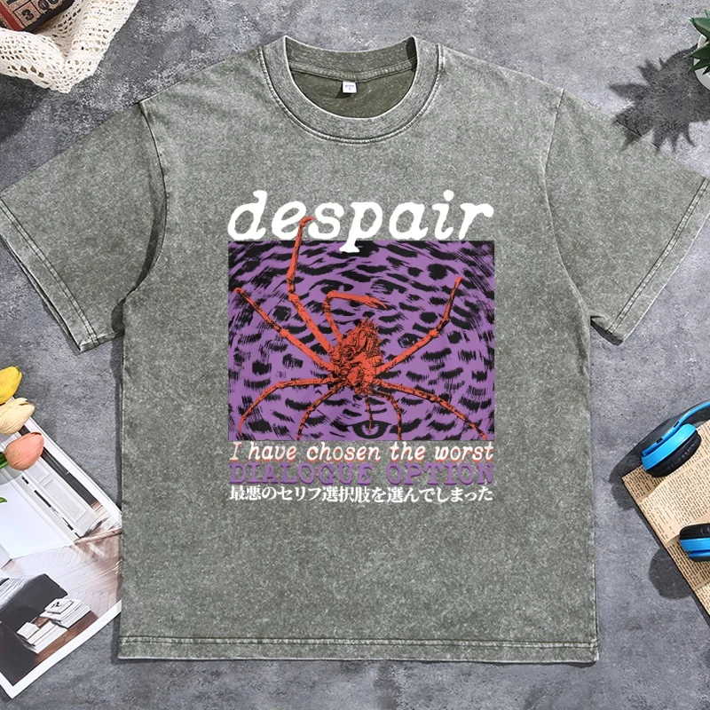 Despair Crab Funny T-Shirt Vintage Japanese T Shirt Men Women Cotton Short Sleeve Printed Tshirts Vintage Washed Streetwear