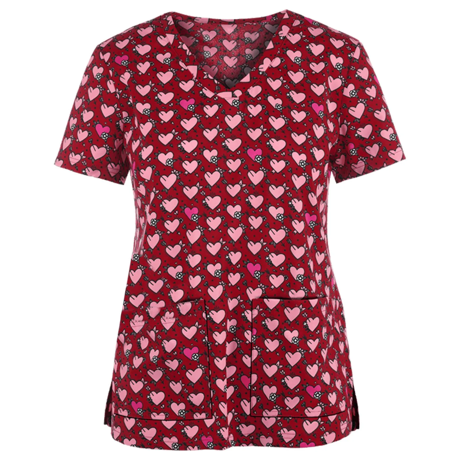 レディース半袖VネックワークTシャツ 可愛い漫画プリント柄トップス ゆったり大きいサイズ 快適ポケット 看護師ユニフォーム S-5XL