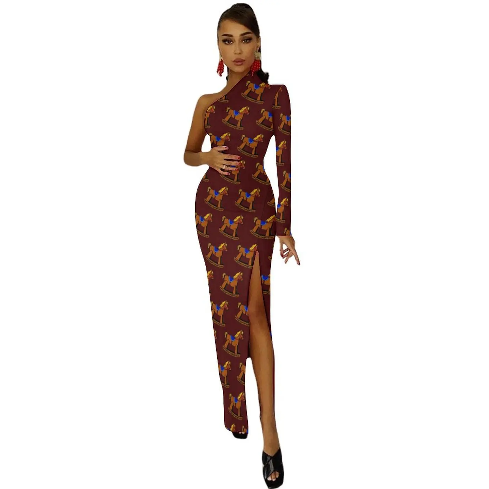 Christmas Rocking Horse Long Dress Woman Animal Print Street Wear Maxi Dress Summer Elegant Bodycon Dresses High Slit Clothing