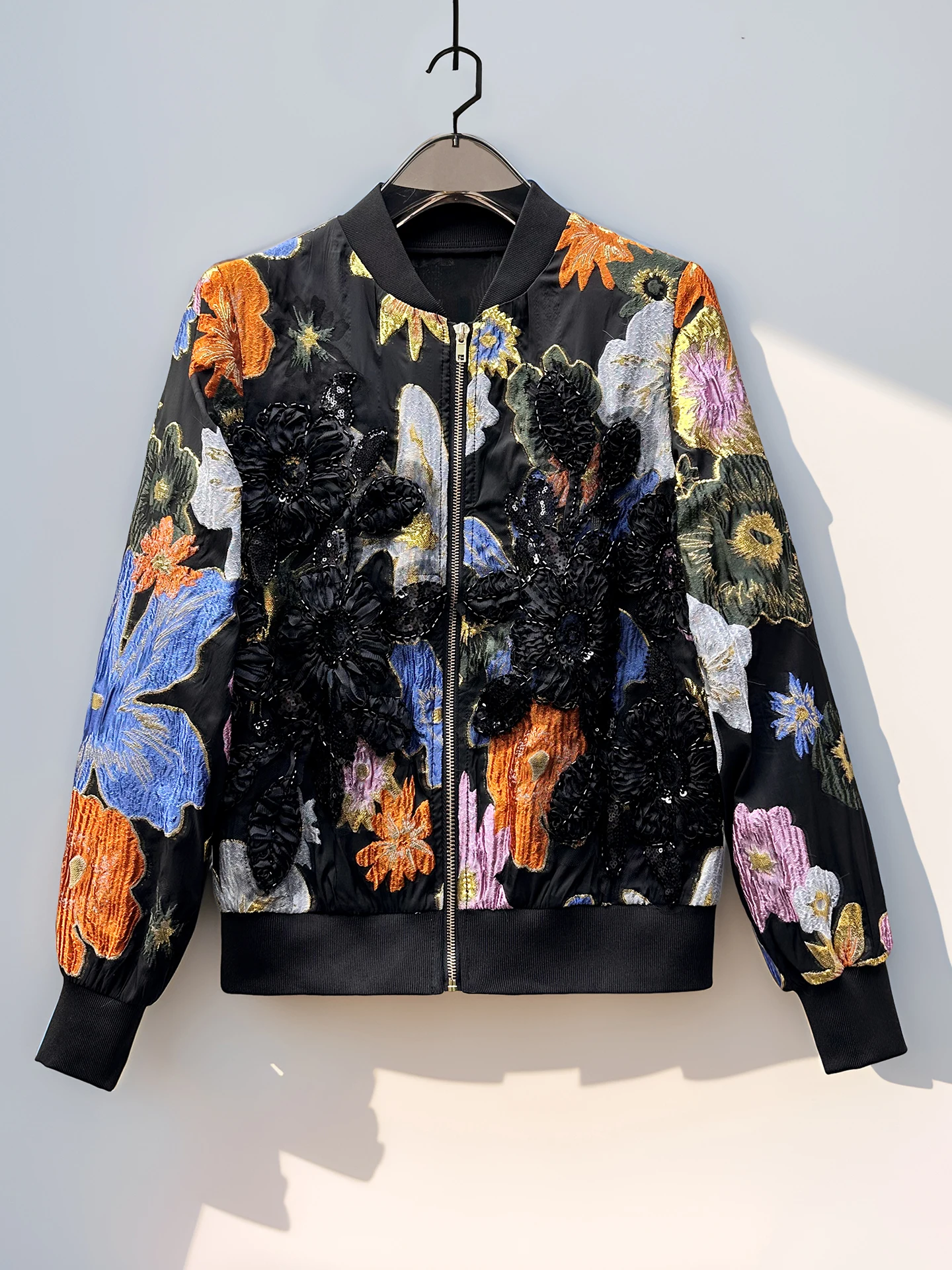 Autumn New Women's Heavy Embellished Sequin Floral Jacket Baseball Style Loose Casual Short Outerwear Versatile Cotton Polyes...