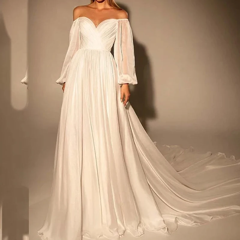 

2024 Women's Elegant Wedding Evening Dress Puff Long Sleeve Sexy Off Shoulder V-Neck Ruched White Maxi Floor Length Slim Gown