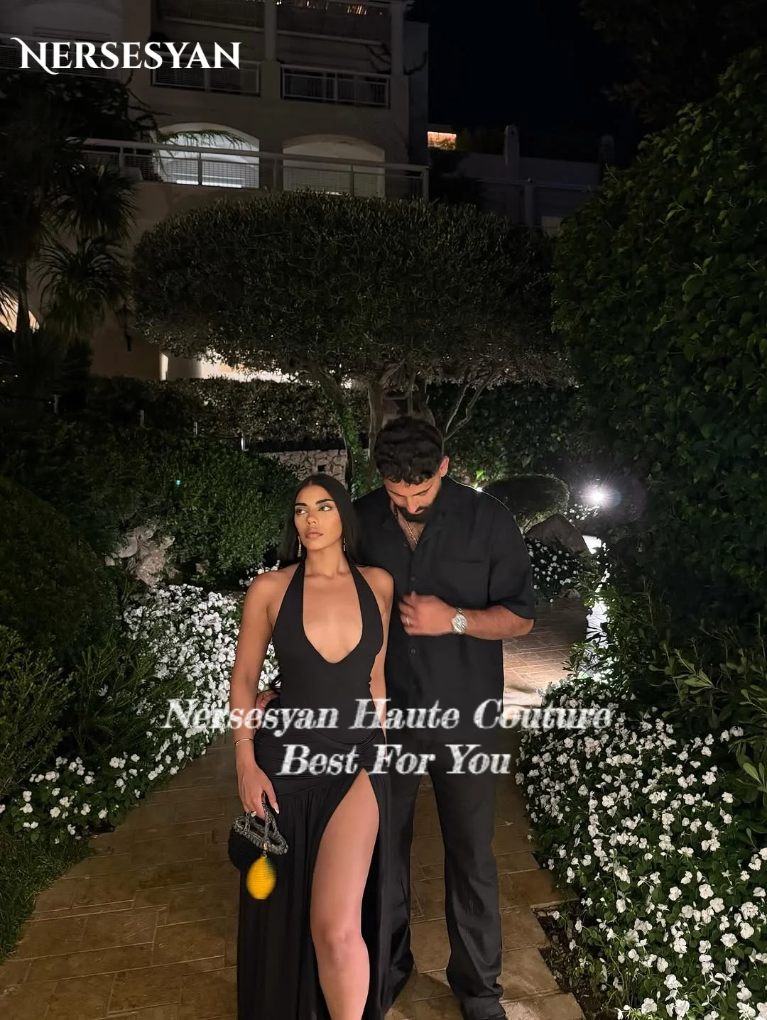 Nersesyan luxe noir sirène robes de soirée col en V profond fente latérale robe formelle plis moulante femmes robes de soirée personnalisé