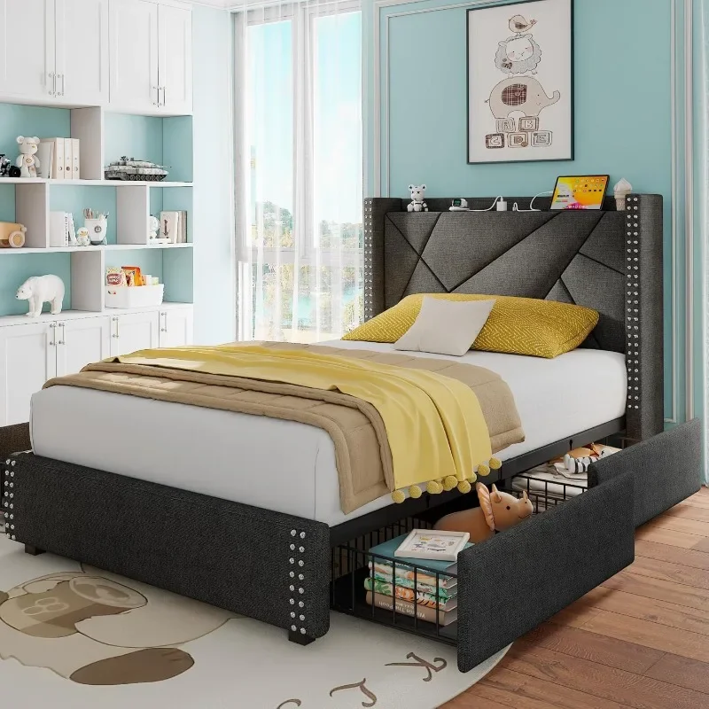 Storage Bed Frame Twin Size with 4 Drawers, Platform Bed with Charging Station Wingback Headboard, Solid Wood Slats Support