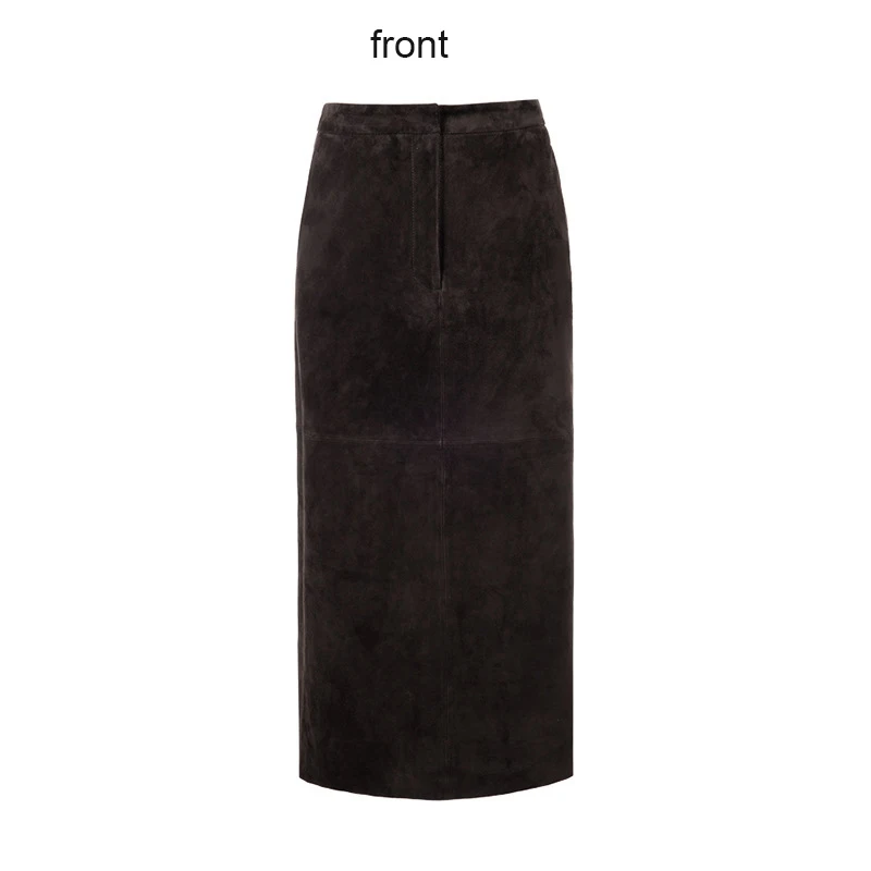 Dark Brown Leather Skirt Autumn Women Real Sheepskin Suede High Waist Simple Split Overknee Slim Long Skirts Faldas Tendencia