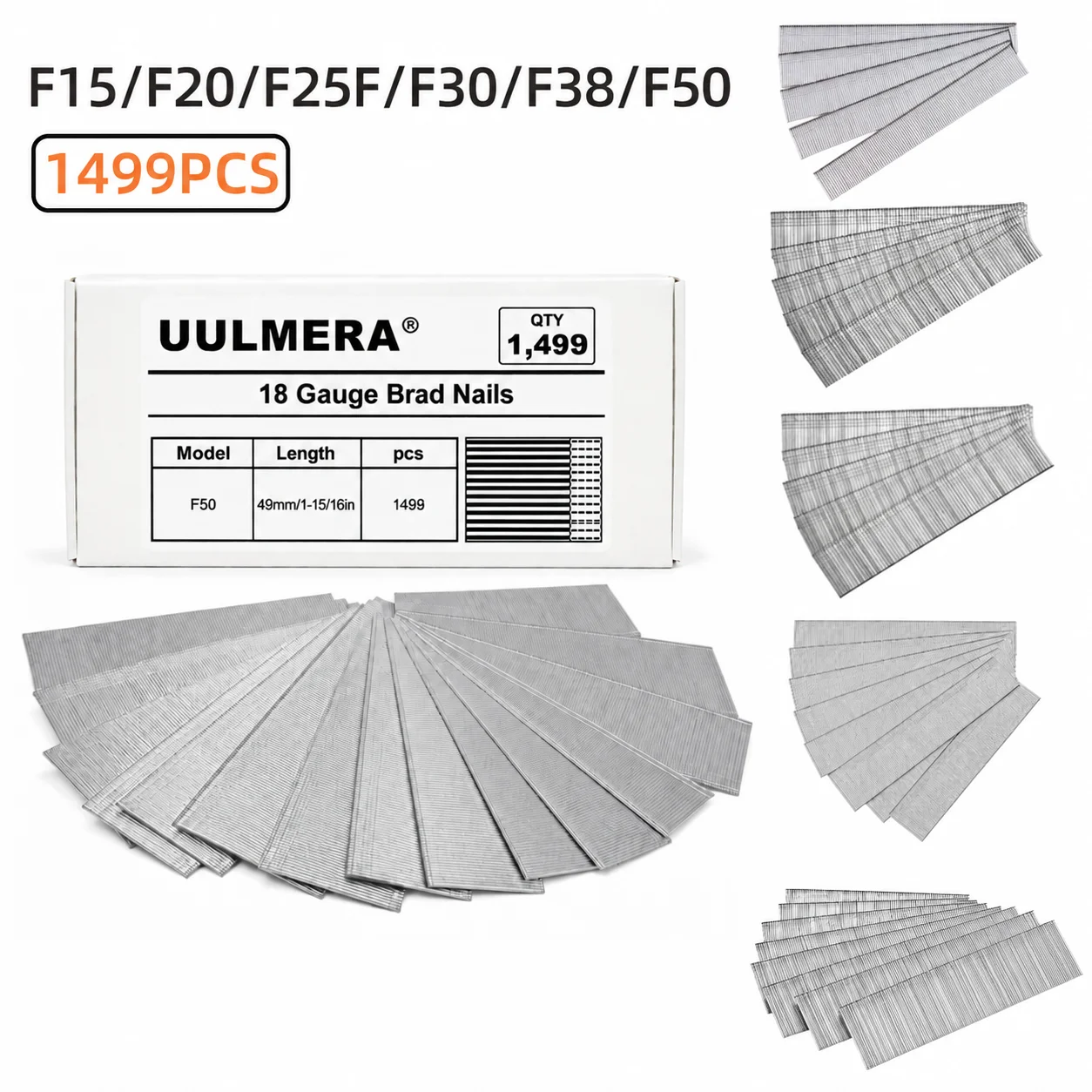 1499 PCS UULMERA F15/F20/F25/F30/F38/F50 Brad Nails for DIY Gardening, Carpentry, Home Renovation, Hardware and Fixing Tools