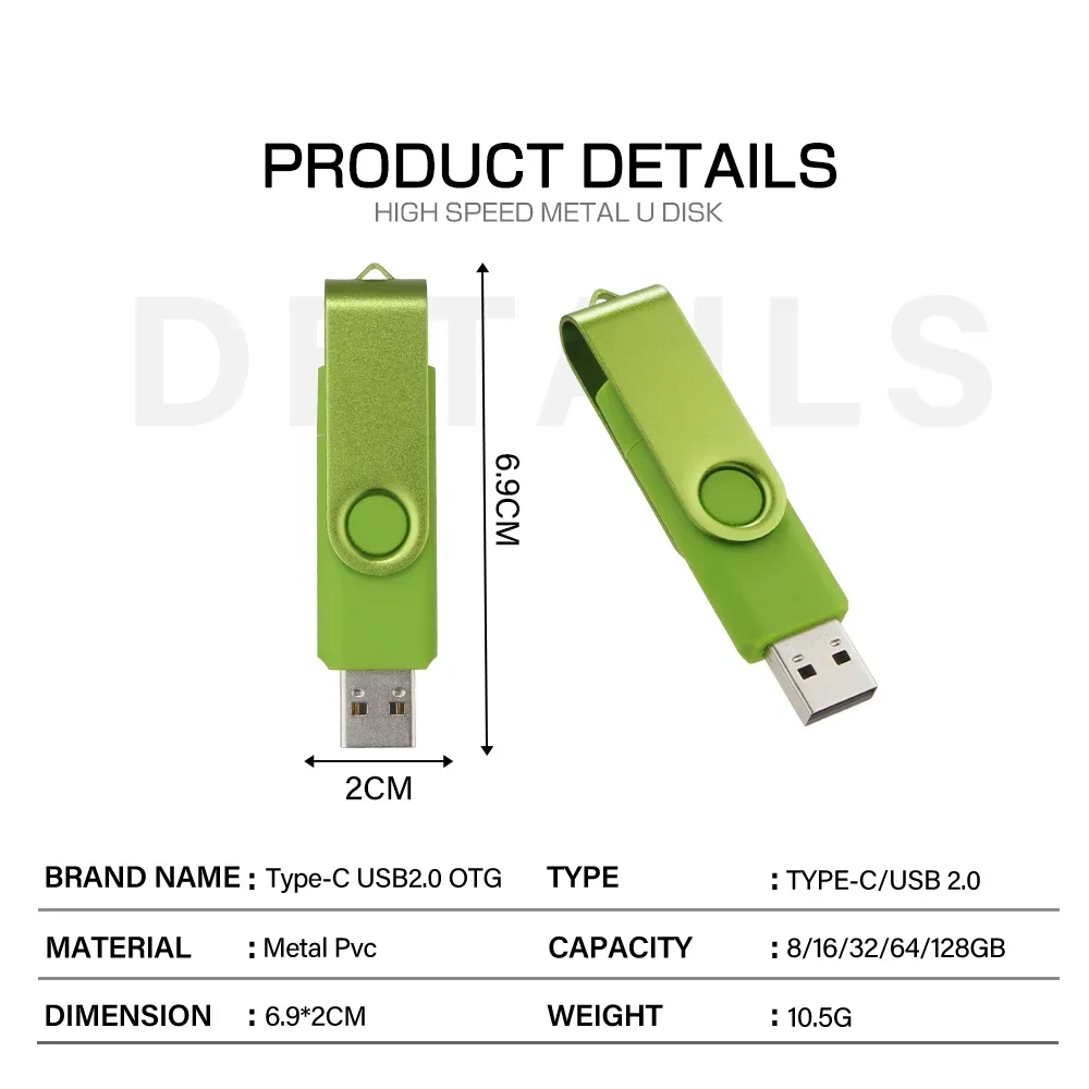 TYPE-C USB Flash Drive 128GB, Pen Drive kecepatan tinggi merah 64GB biru gelap stik memori 32GB dapat diputar 16GB warna-warni