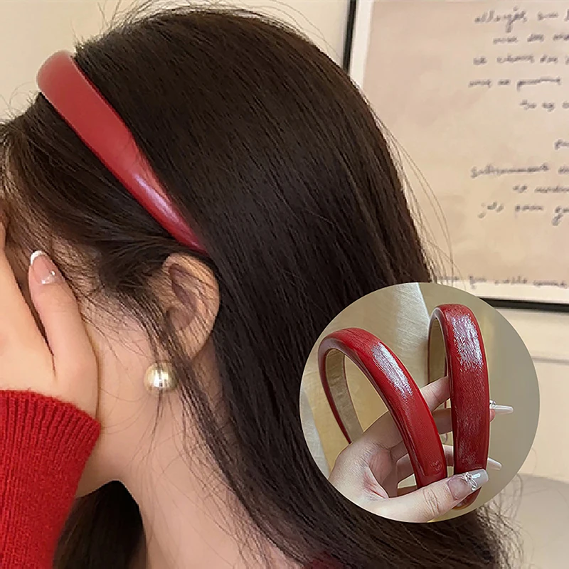 Retro Red Leather Sponge Headband For Women Fashion Temperament Hair Hoop Wash Face Hair Band Female Party Hair Accessories Gift