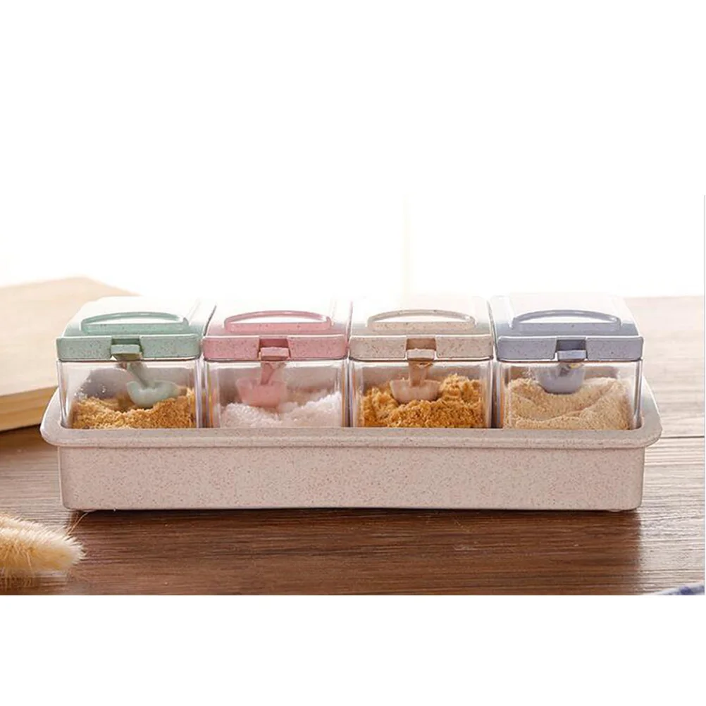 

Seasoning Storage Box 4-Compartment Eco-Friendly Condiment Jars Spice Container With Spoon For Salt Sugar