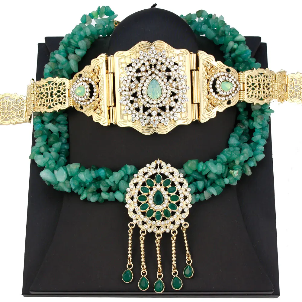 Sunspicems Algeria Moroccan Jewelry Sets Pink Stone Choker Necklace Caftan Belt Waist Chain Adjustable Gold Color Bridal Bijoux
