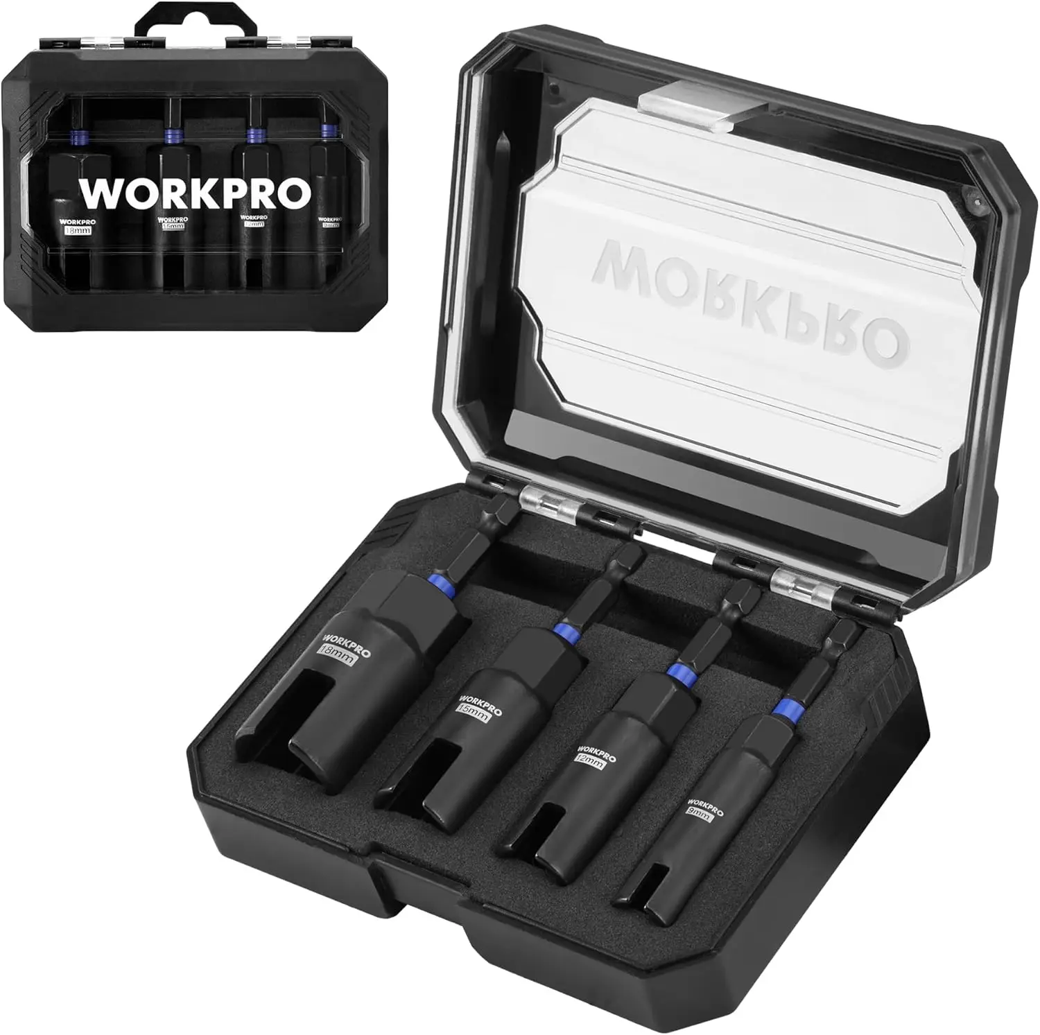 

Набор из 4 насадок для гайковерта с EVA-футляром, размеры 9-18 мм, шестигранный хвостовик 1/4 дюйма для легкого крепления