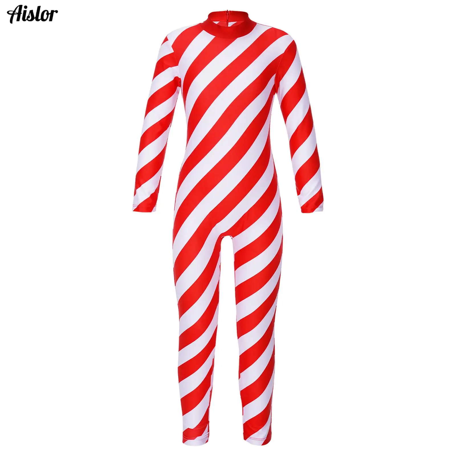 

Kids Girls Candy Cane Christmas Costume Unitard Long Sleeve Stripes Bodysuit Jumpsuit Xmas Party Holiday Performance Dancewear