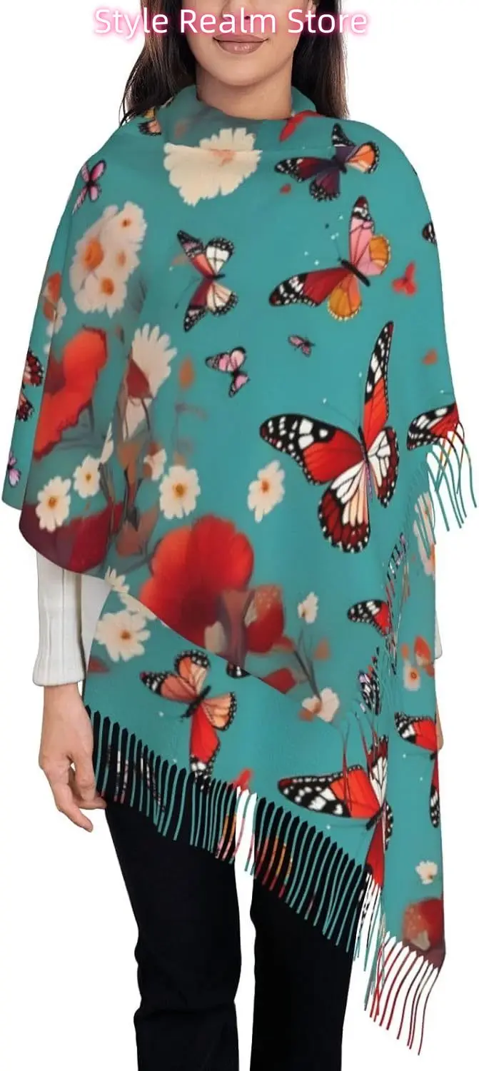 

Курица, летающие бабочки среди цветов, принт, женский модный зимний шарф, мягкие длинные стильные теплые шаль, шарфы, накидки