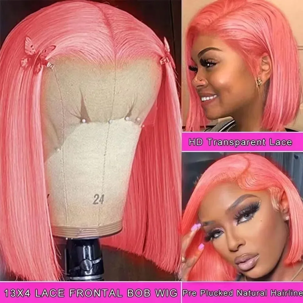 10Inch Pink Bob Wigs Human Hair 180% Density 13x4 Lace Front Brazilian Hair Silky Straight Middle Part Bob Wig for Women HD Transparent Bleached Knots with Baby Hair Pre Plucked Pink Bob Wig Cool Short Hairstyle