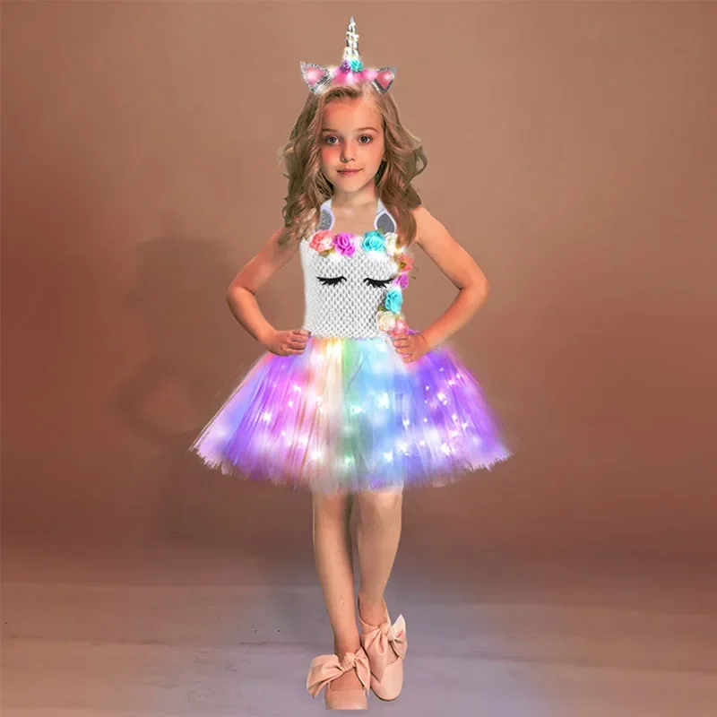 Rainbow unicorn dress girls LED light flower birthday party Tutu outfits kids Halloween Christmas Unicorn costume with headband