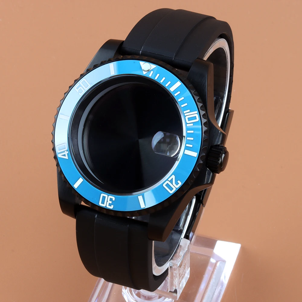 

40mm NH35 Watch Case Ice blue Ceramic bezel Fit SUB GMT NH34 NH35 NH36 NH38 Movement Waterproof Rubber Strap Watch Accessories