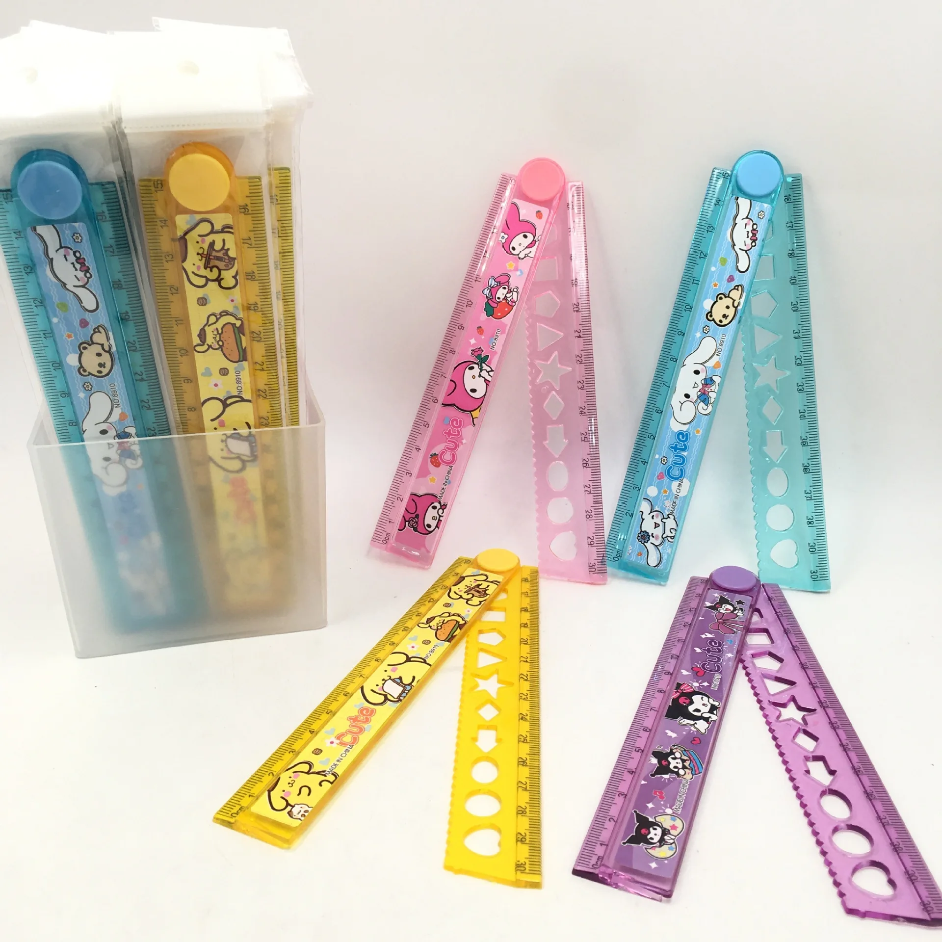 4pcs Sanrio Cartoon Kuromi Rotating Folding Ruler 30cm Kawaii Melody Cinnamoroll Student Multi Functional Ruler Stationery