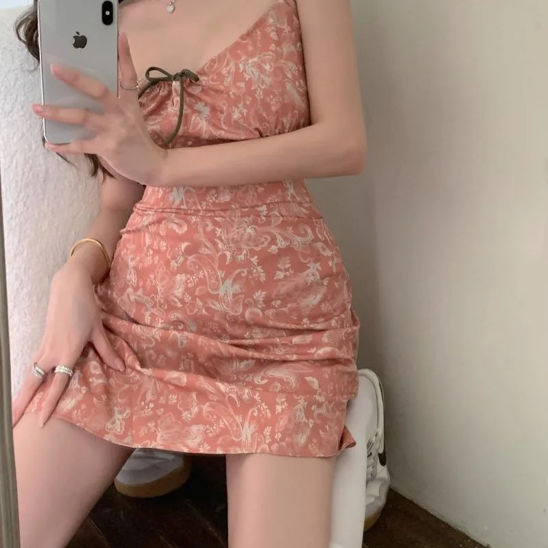 Women Pink Floral Short Dress Sleeveless Spaghetti Strap Y2k Aesthetic Clothes Beach Vacation Fashion Summer Mini Womens Dresses