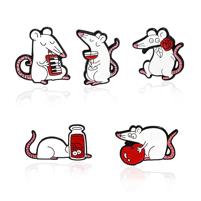 Cartoon White Rats Enamel Pins Custom Mouse Red Rose Apple Red Wine Animal Brooches Badge Lapel Jewelry Gift Friends Wholesale