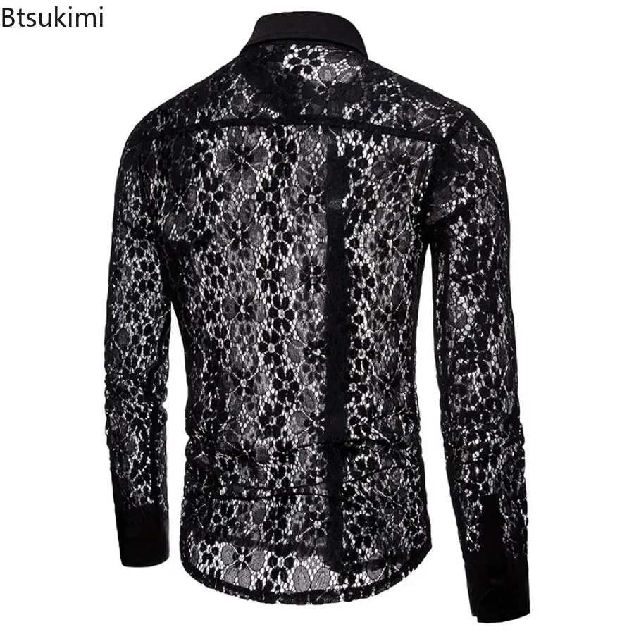 2026 Men's Lace Flower Embroidery Long Sleve Shirt Fashion Transparent Sexy Dress Shirts Male See Trough Club Party Shirts Top