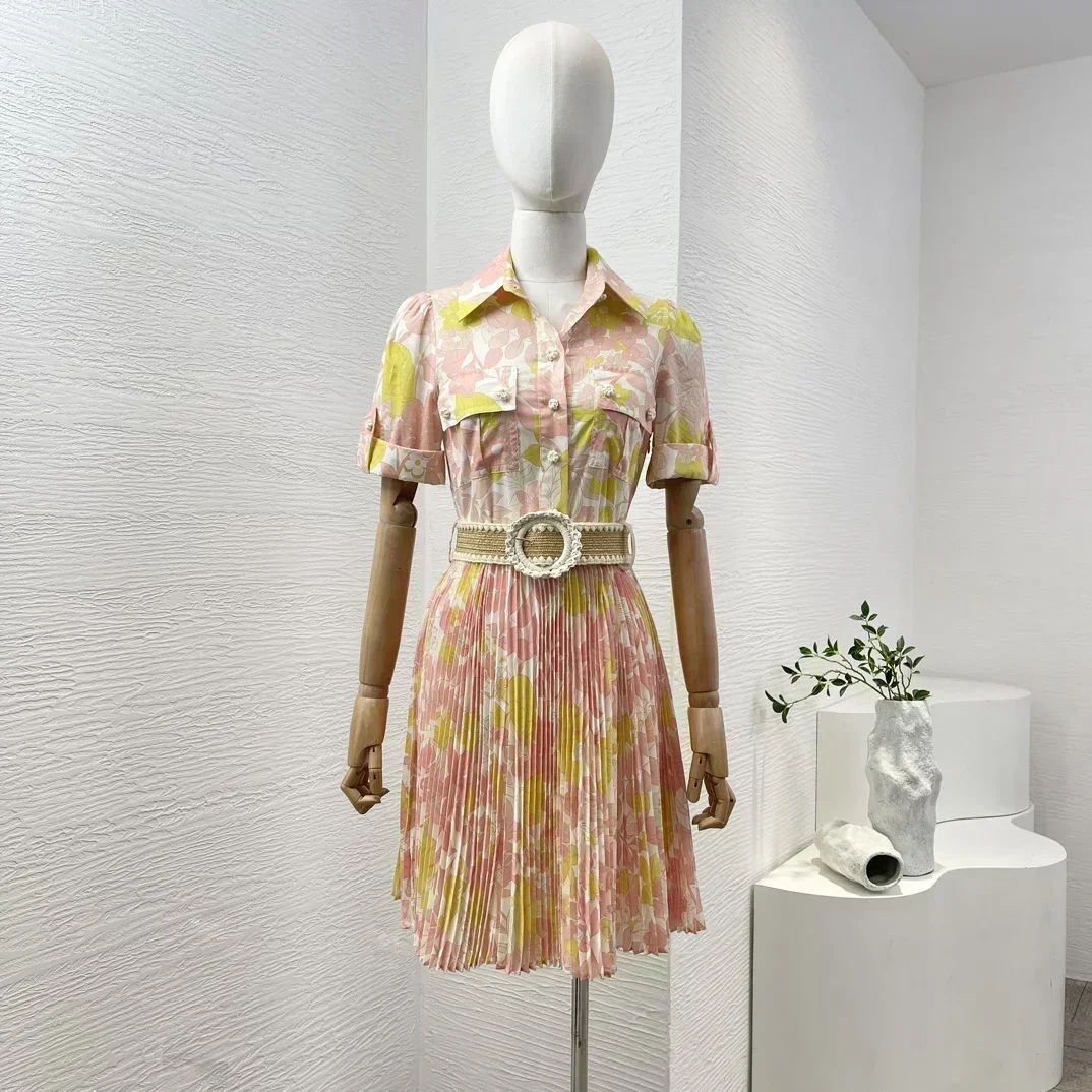 

Pink Yellow Floral Print High Quality 2024 New Pleats Short Sleeve Belted Ruched Women Summer Mini Dress