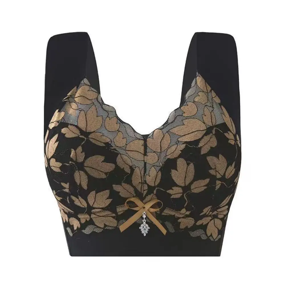 Soft Leaf Lace Deep V Bras Bowknot Big Cup Push Up Bras Gathered Breasts Zircon Wireless Bras Running