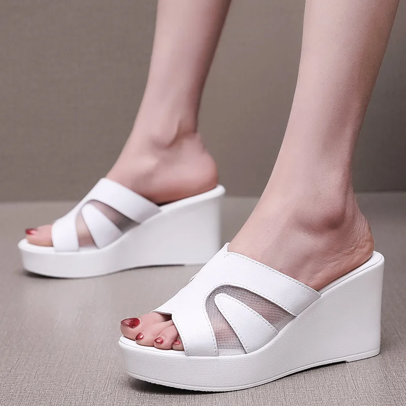 2024 New Fish Mouth Cowhide Mesh Slippers Summer Leather Sandals Platform Wedges Slippers Increase Sandals Women Shoes Plus Size