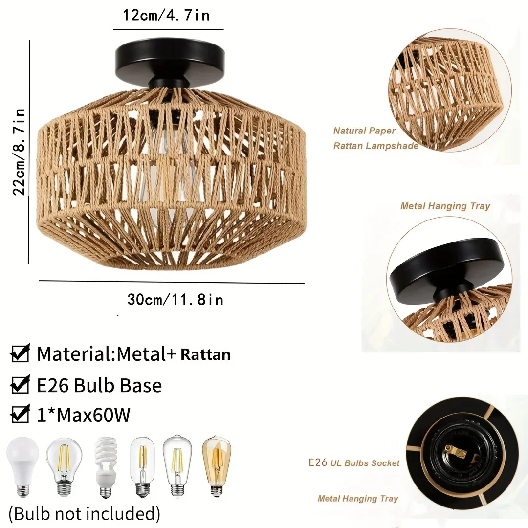 Boho Semi-Flush Mount Ceiling Lamp-Coastal Woven Hemp Rope Cage Retro Rustic Wicker Fixture for Bedroom Hallway Entryway Kitchen